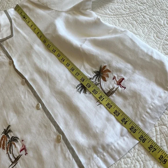 100% Linen Tunic Shirt Jacket Embroidered Flamingo Palm Women’s XL White Preppy - Picture 15 of 15
